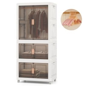 Contenedor de almacenamiento plegable 421 L con tapa, plástico, blanco, con ruedas y 10 perchas