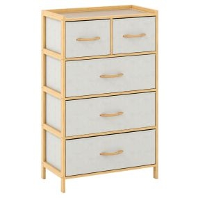 Cómoda de 5 Cajones para Dormitorio Torre de Almacenamiento de Bambú con 5 Cajones Plegables de Tela y Estante Superior Unidad Natural