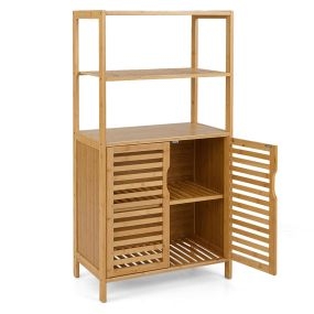 Estantería de Bambú con Puertas de 4 Niveles con Estantes Abiertos y Armario con Persiana Mueble Independiente para Exhibición Natural