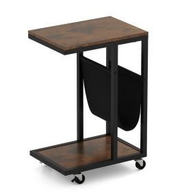 Mesa Auxiliar en Forma de C sobre Ruedas Mesa de Sofá Industrial de 3 Niveles con Estructura de Metal 40 x 28 x 59 cm Marrón Rústico