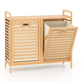 Cesto de Ropa Doble con Apertura Clasificador de Ropa de Bambú de 75 L con 2 Cestas Extraíbles Estante para Lavandería Baño Natural