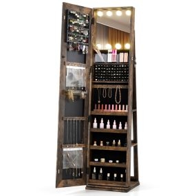 Armario de Joyas Giratorio 360° Organizador Independiente con Espejo de Cuerpo Completo Iluminado y Estantes Traseros 3 Cajas Marrón
