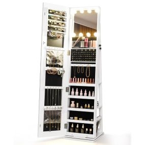 Armario de Joyas Giratorio 360° Organizador Independiente con Espejo de Cuerpo Completo Iluminado y Estantes Traseros 3 Cajas Blanco