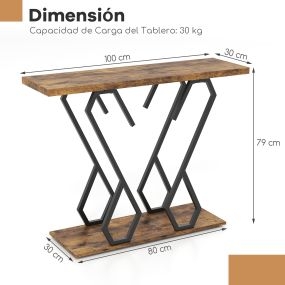 Set de 2 Piezas Mesa Café 2 Niveles 80cm Almacenaje y Mesa Consola Madera con Almohadillas Ajustables para Pasillo Marrón Rústico