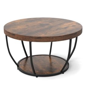 Mesa de Café Redonda de 2 Niveles con Almacenaje Mesa de Té de 80 cm con Estructura de Metal Mesa Lateral para Sala de Estar Marrón