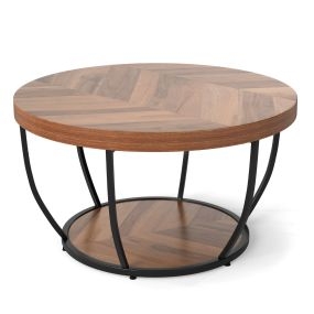 Mesa de Café Redonda de 2 Niveles con Almacenaje Mesa de Té de 80 cm con Estructura de Metal Mesa Lateral para Sala de Estar Natural