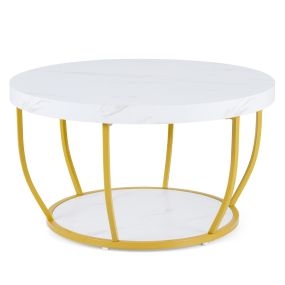 Mesa de Café Redonda de 2 Niveles con Almacenaje Mesa de Té de 80 cm con Estructura de Metal Mesa Lateral para Sala de Estar Blanco