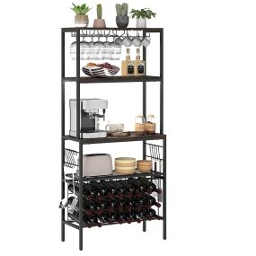 Organizador de Vinos con Toma de Corriente con Soportes para Copas y Tazas 3 Estantes y 8 Ganchos para Cocina 75 x 33 x 165 cm Marrón