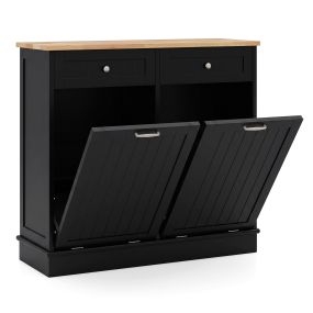 Armario de basura doble puerta abatible con dos cajones y encimera de madera de caucho negro