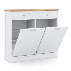 Armario de cocina con cubo de basura oculto doble, tapa de madera, tabla de cortar y 2 cajones, blanco rústico