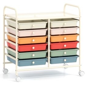 Carrito Auxiliar con Ruedas Carrito de Almacenamiento con 12 Cajones Extraíbles Organizador con Mangos para Cocina 64 x 38 x 62 cm Multicolor