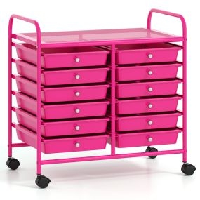 Carrito Auxiliar con Ruedas Carrito de Almacenamiento con 12 Cajones Extraíbles Organizador con Mangos para Cocina 64 x 38 x 62 cm Rosa oscuro