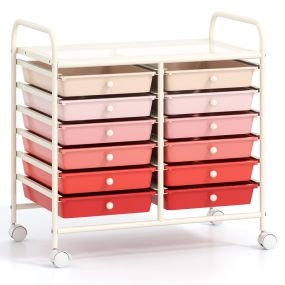 Carrito Auxiliar con Ruedas Carrito de Almacenamiento con 12 Cajones Extraíbles Organizador con Mangos para Cocina 64 x 38 x 62 cm Rosa