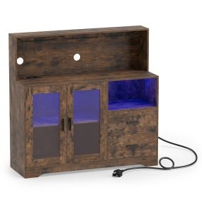 Aparador industrial con tira LED cambiante, compartimento botellas, cajones, USB-C, 120 x 40 x 115,5 cm, marrón