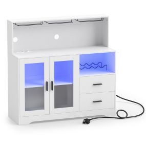 Armario auxiliar de comedor blanco con luces LED 7 colores, puertas de cristal, cajones, soporte para vinos y enchufes USB-C 120 x 40 x 115,5 cm