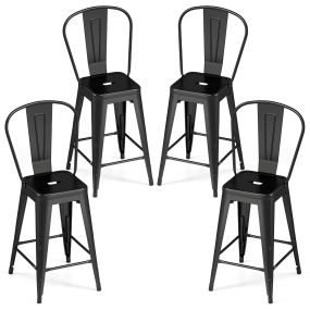 Juego de 4 taburetes de bar negros con respaldo, estructura metálica, apilables, 44,5 x 45,5 x 103 cm