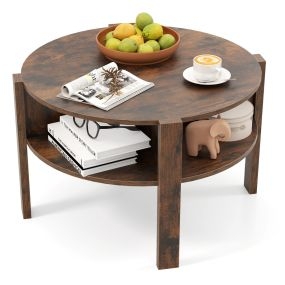 Mesa de café redonda de 2 niveles con almacenamiento, 74,5 cm, 4 estantes, marrón