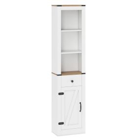 Armario de baño estrecho con puerta de granero, cajón y estante ajustable, 173 cm, blanco