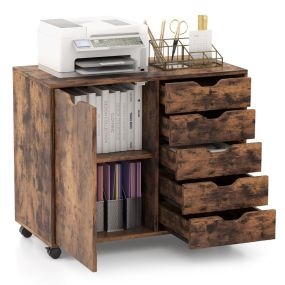 Archivador Móvil de 5 Cajones Cajonera con 4 Ruedas Giratorias Armario Lateral Rodante con Puerta para Oficina Casa 78 x 40 x 65 cm Café