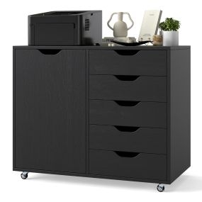 Archivador Móvil de 5 Cajones Cajonera con 4 Ruedas Giratorias Armario Lateral Rodante con Puerta para Oficina Casa 78 x 40 x 65 cm Negro