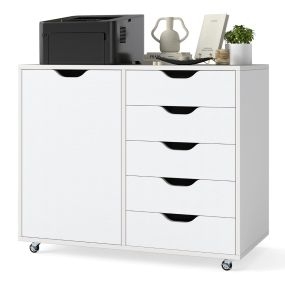 Archivador Móvil de 5 Cajones Cajonera con 4 Ruedas Giratorias Armario Lateral Rodante con Puerta para Oficina Casa 78 x 40 x 65 cm Blanco