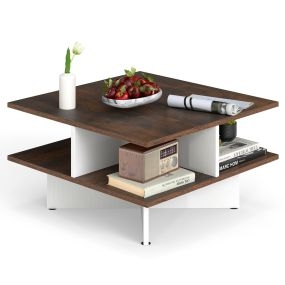 Mesa de Café Cuadrada de 2 Niveles con 4 Compartimentos de Almacenaje Base en Forma de Cruz Marrón Rústico