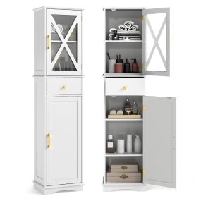 Armario alto de baño estrecho con cajón, 2 puertas y 3 estantes, blanco
