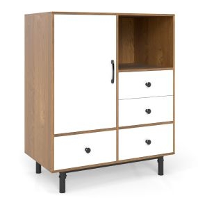 Aparador Buffet con 4 Cajones y Compartimento Abierto Gabinete Independiente Patas de Metal para Salón 80 x 45,5 x 97,5 cm Natural y Blanco