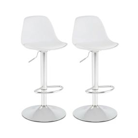 Juego de 2 Taburetes de Bar Giratorios con Respaldo Ajustables en Altura Tapizados en Cuero Sintético y Reposapiés Blanco y Plata
