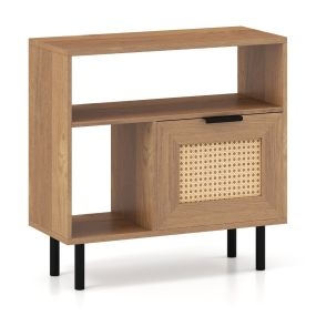 Mesa de Noche de Ratán con Estante de Almacenamiento y Patas de Metal para Espacios Pequeños Salón o Dormitorio Natural