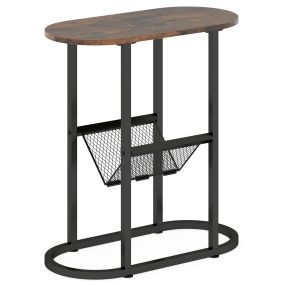 Mesa Auxiliar Estrecha Ovalada 2 Niveles con Soporte Revistas y Estructura Metálica para Espacios Pequeños Sala Dormitorio Marrón Rústico