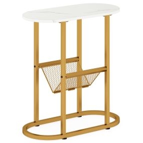 Mesa Auxiliar Estrecha Moderna con Tapa de Mármol Imitación y Soporte para Revistas Estructura Metálica para Espacios Pequeños Blanco