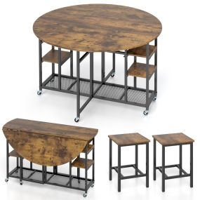 Set de Mesa de Comedor de 3 Piezas Mesa Redonda Plegable con 2 Taburetes con 6 Ruedas Universales para Comedor Salón Café