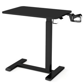 Escritorio móvil de pie ajustable en altura con soporte para vaso, gancho y ruedas ocultas negro