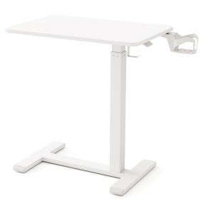 Escritorio móvil de pie ajustable en altura con soporte para vaso, gancho y ruedas ocultas blanco
