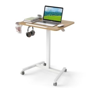 Escritorio de pie plegable con tablero inclinable 90°, altura ajustable, ruedas, gancho y portavasos, 60 x 48 x 76-111 cm, natural