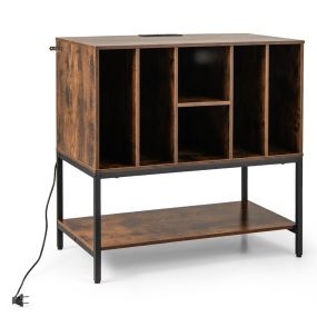 Soporte para tocadiscos con armario de almacenamiento para vinilos, estación de carga, 6 compartimentos y estante abierto, café