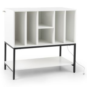 Soporte para tocadiscos con armario de almacenamiento para vinilos, estación de carga, 6 compartimentos y estante abierto, blanco