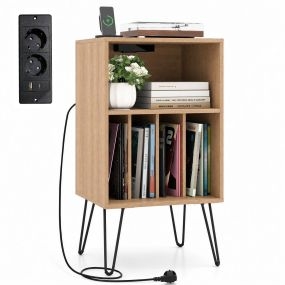 Soporte para tocadiscos con estación de carga y compartimentos para vinilos natural
