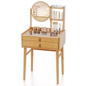 Escritorio de tocador compacto con espejo 23.5" natural con 2 cajones y estantes abiertos