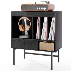Soporte Grande para Tocadiscos Armario de Vinilos Moderno de Mitad de Siglo con Compartimentos Abiertos Soportes y Cajón para Álbumes Negro