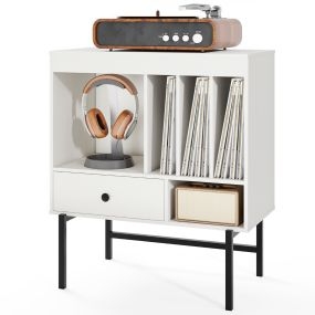 Soporte Grande para Tocadiscos Armario de Vinilos Moderno de Mitad de Siglo con Compartimentos Abiertos Soportes y Cajón para Álbumes Blanco