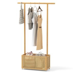 Perchero de Bambú Soporte para Colgar Abrigos con Cesta de Almacenamiento de Ratán y Ruedas Perchero con Barra Natural