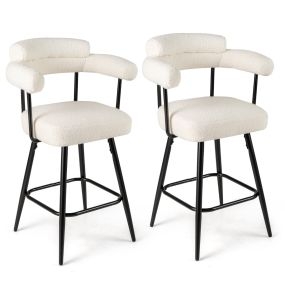 Set de 2 Taburetes Giratorios con Respaldo y Brazos Curvos con Patas de Metal y Reposapiés para Cocina Cafetería 63 x 54 x 100 cm Blanco
