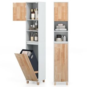 Armario para Ropa Sucia Tilt Out Mueble Alto para Baño con Puertas de Madera de Caucho Estantes de 3 Niveles y Cesta para Ropa Sucia Blanco