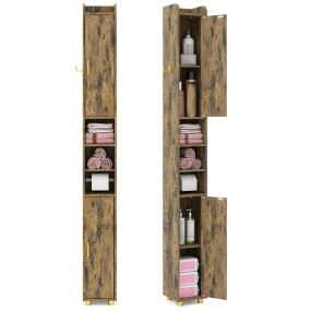 Armario de baño alto 179 cm marrón con estantes ajustables, puertas, gancho lateral y barra para papel higiénico