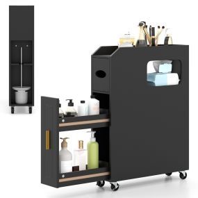 Gabinete de Almacenamiento para Baño Pequeño Organizador Estrecho con Cajón Deslizante Caja de Pañuelos Soporte y Ruedas con Freno Negro