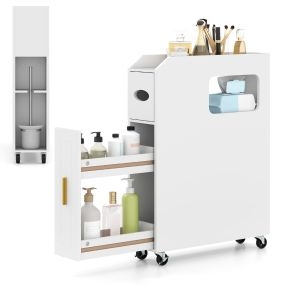 Gabinete de almacenamiento para baño pequeño con cajón, soporte de pañuelos y ruedas con freno blanco