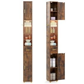 Gabinete de baño alto 181 cm estrecho con 2 puertas, estantes ajustables y luces 3 colores café