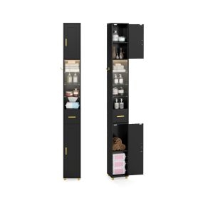 Gabinete de baño alto 181 cm negro con 2 puertas, estantes ajustables y luces de 3 colores